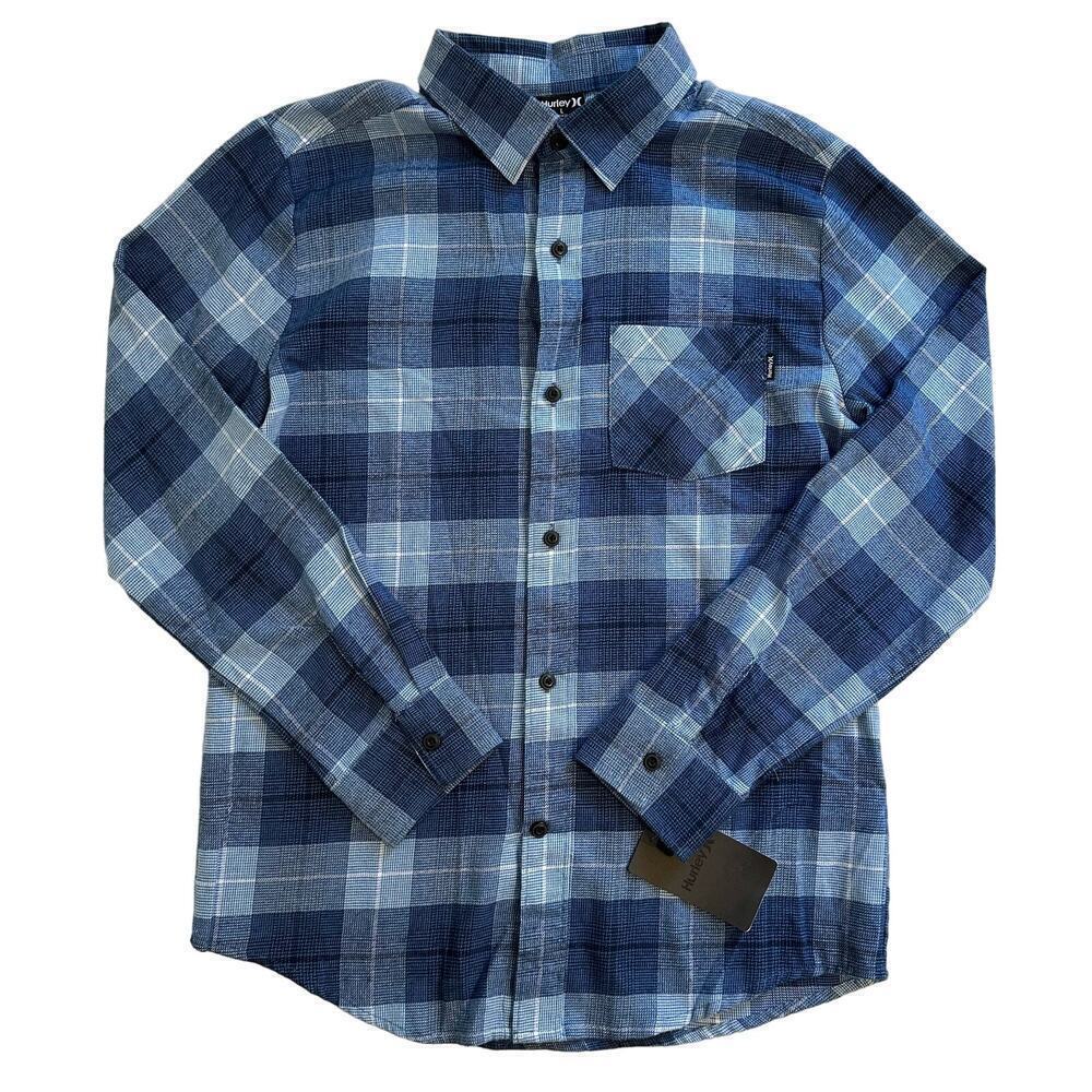 NWT Hurley Night Force Blues Flannel Plaid Button Down Boys Large